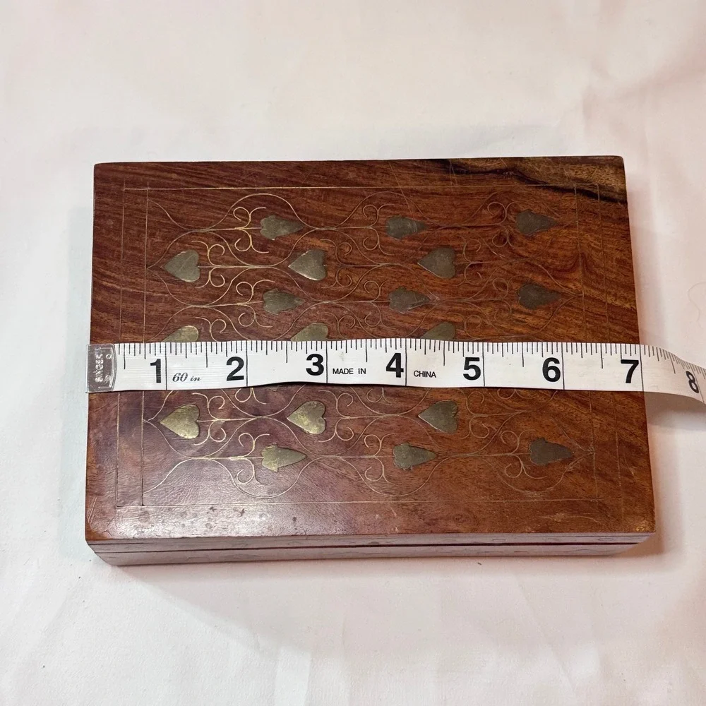 Vintage Wood Brass Inlay Jewelry Box Heart Boho Folk Art 7x5x2